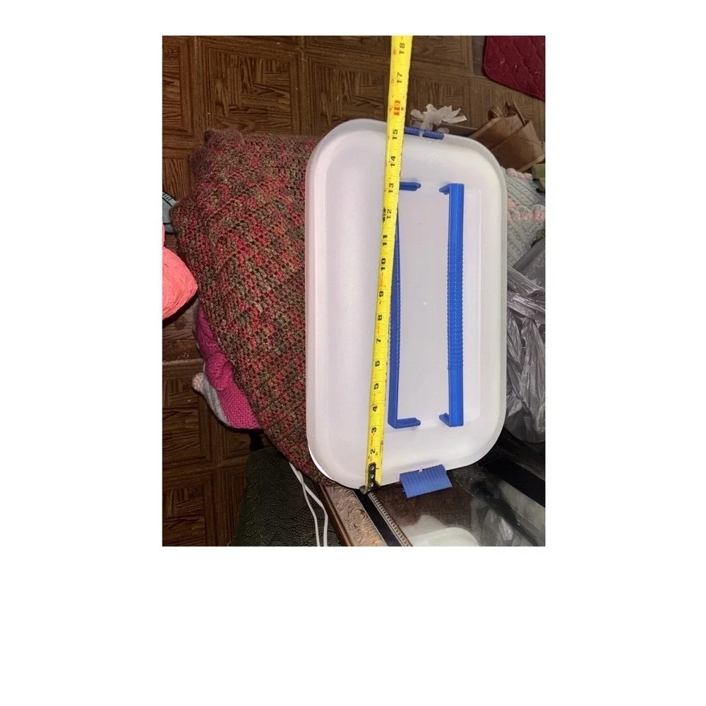 Sterilite White Plastic Storage Bin with Blue Latching Lid 16x11x6